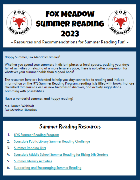 Front Page of Fox Meadow Summer Reading 2023